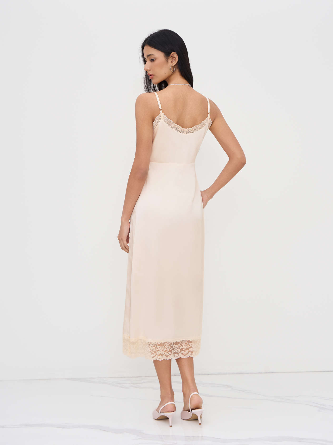 Satin V-neck Lace Trim Midi Dress