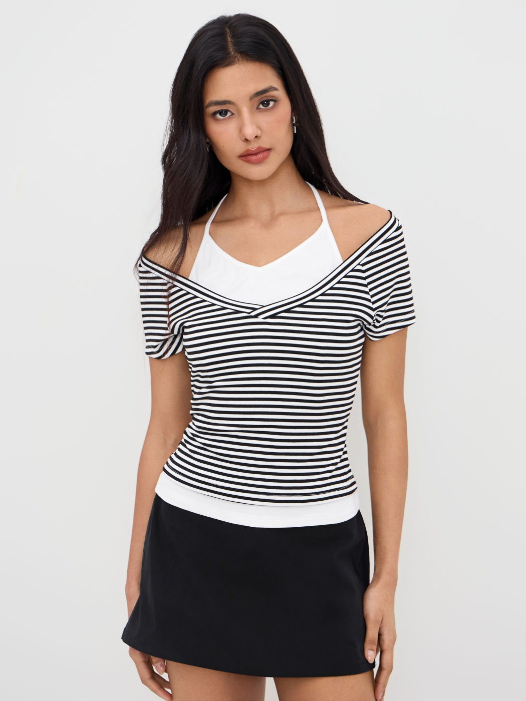 Halter V-neck Two Tone Stripe Knotted Short Sleeve Tee