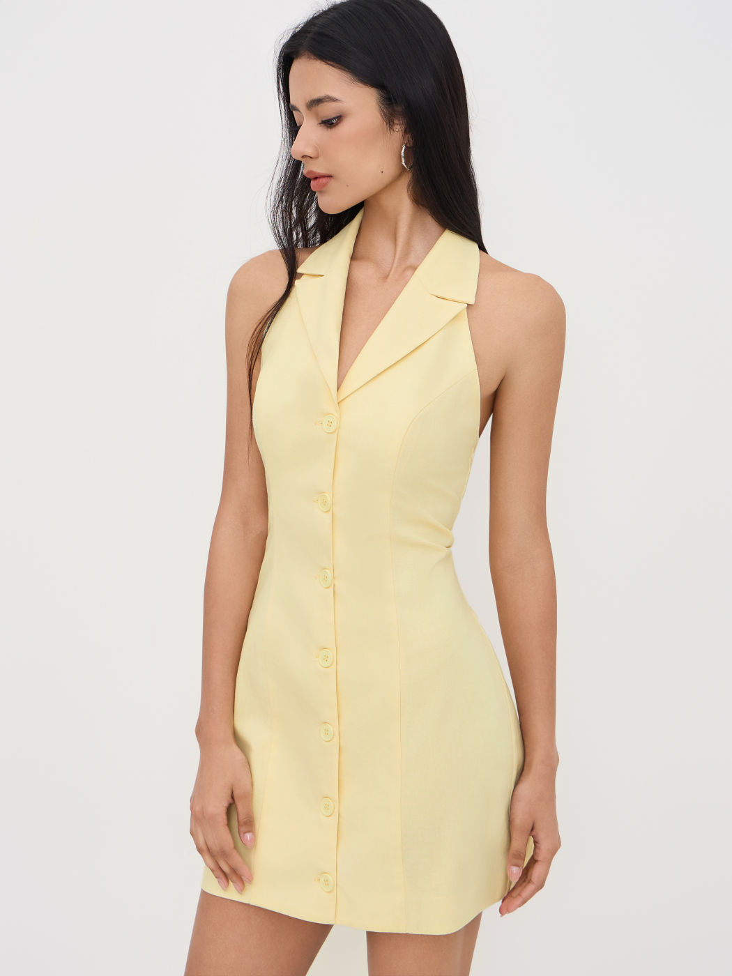 Linen-blend Collar Halter Neckline Button Through Mini Dress