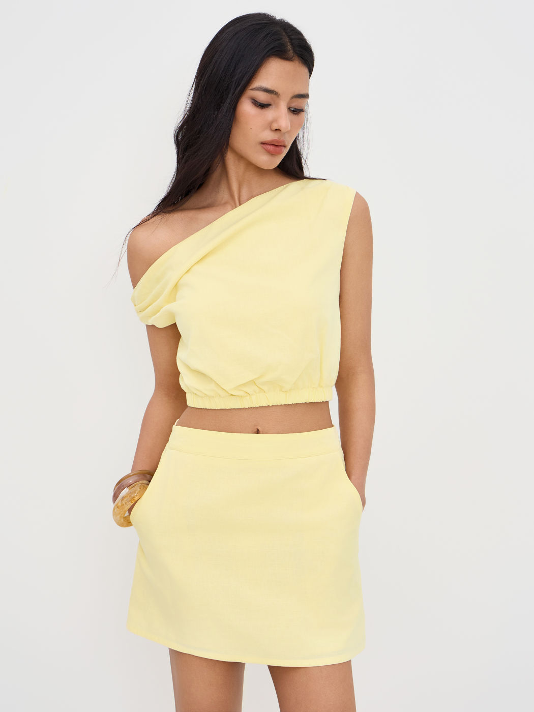 Linen-blend Asymmetrical Neck Elastic Waist Crop Top With Mini Skirt