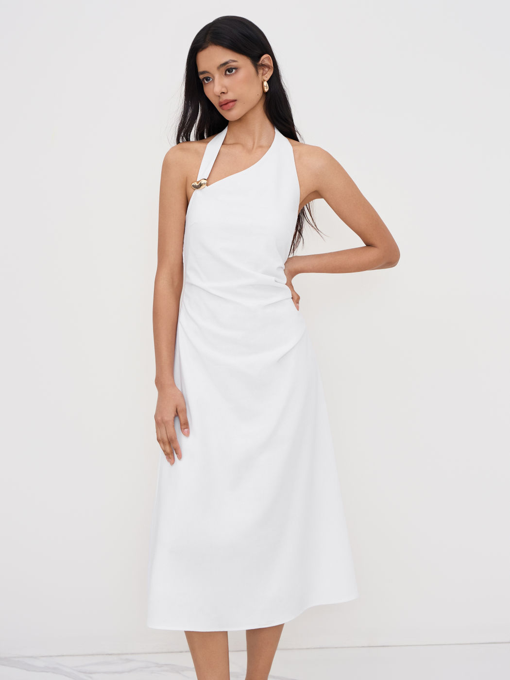Linen-blend Halter Neckline Ruched Midi Dress
