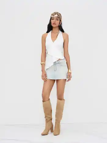 V-neck Halter Buckle Lettuce Trim Asymmetrical Hem Tank Top