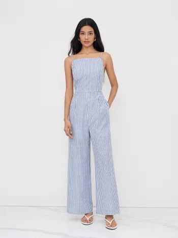 Cotton-blend Boat Neck Stripe Knotted Shirred Straight Leg Jumpsuit