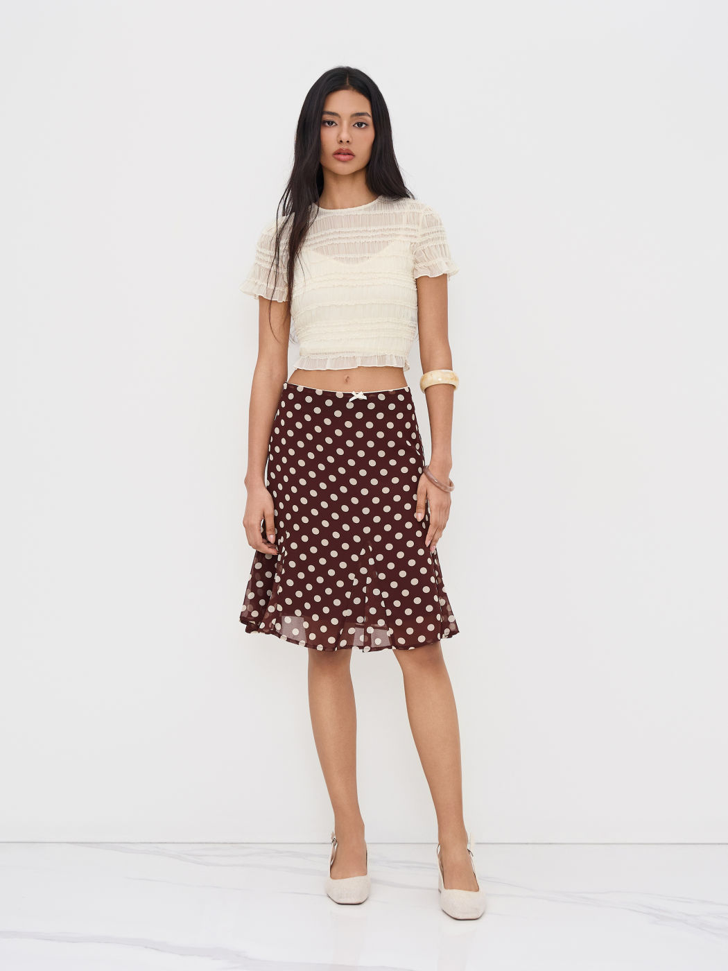 Zwei - Stück-Chiffon-Rüschen-Tee mit Spitzenrand und Camisole Crop Top