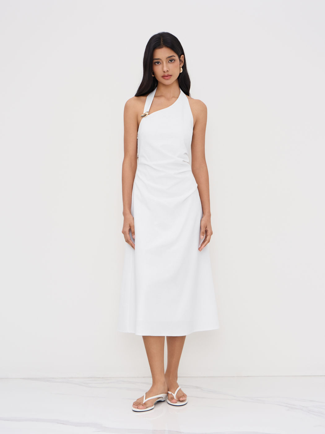 Linen-blend Halter Neckline Ruched Midi Dress