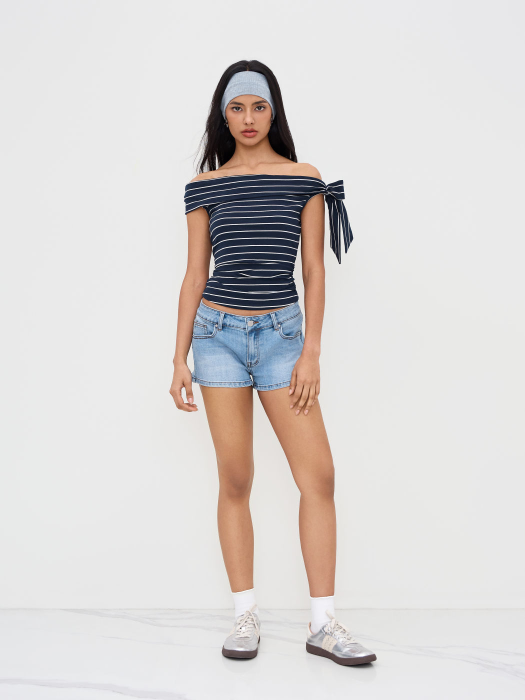 Cotton-blend Asymmetrical Neck Stripe Ruched Bowknot Tank Top