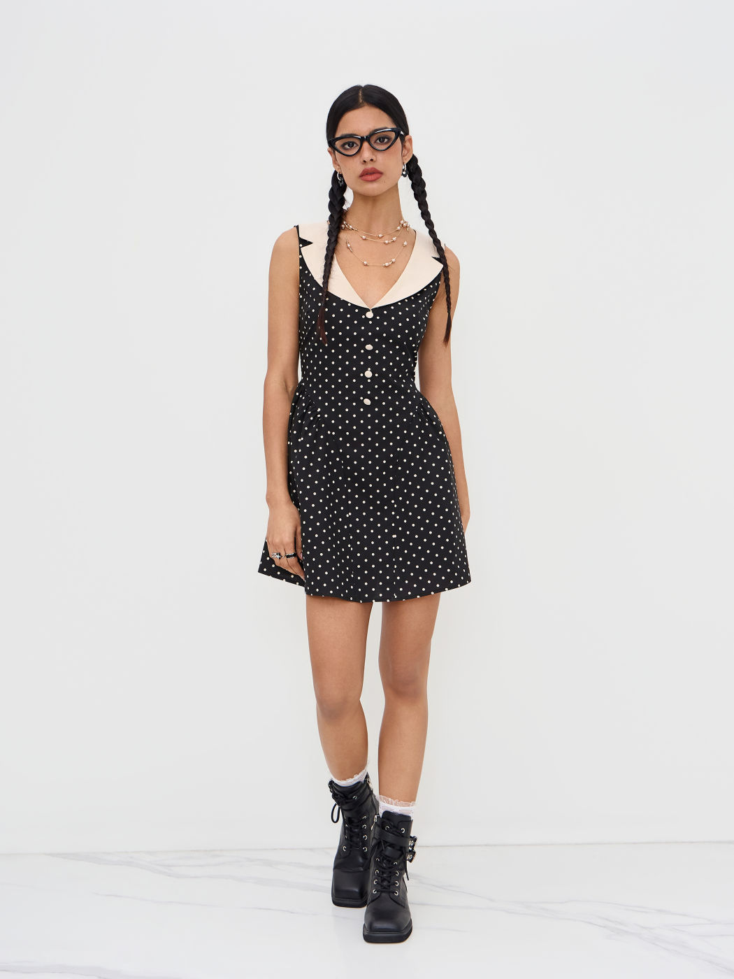 Linen-blend V-neck Two Tone Polka Dot Ruffle Mini Dress