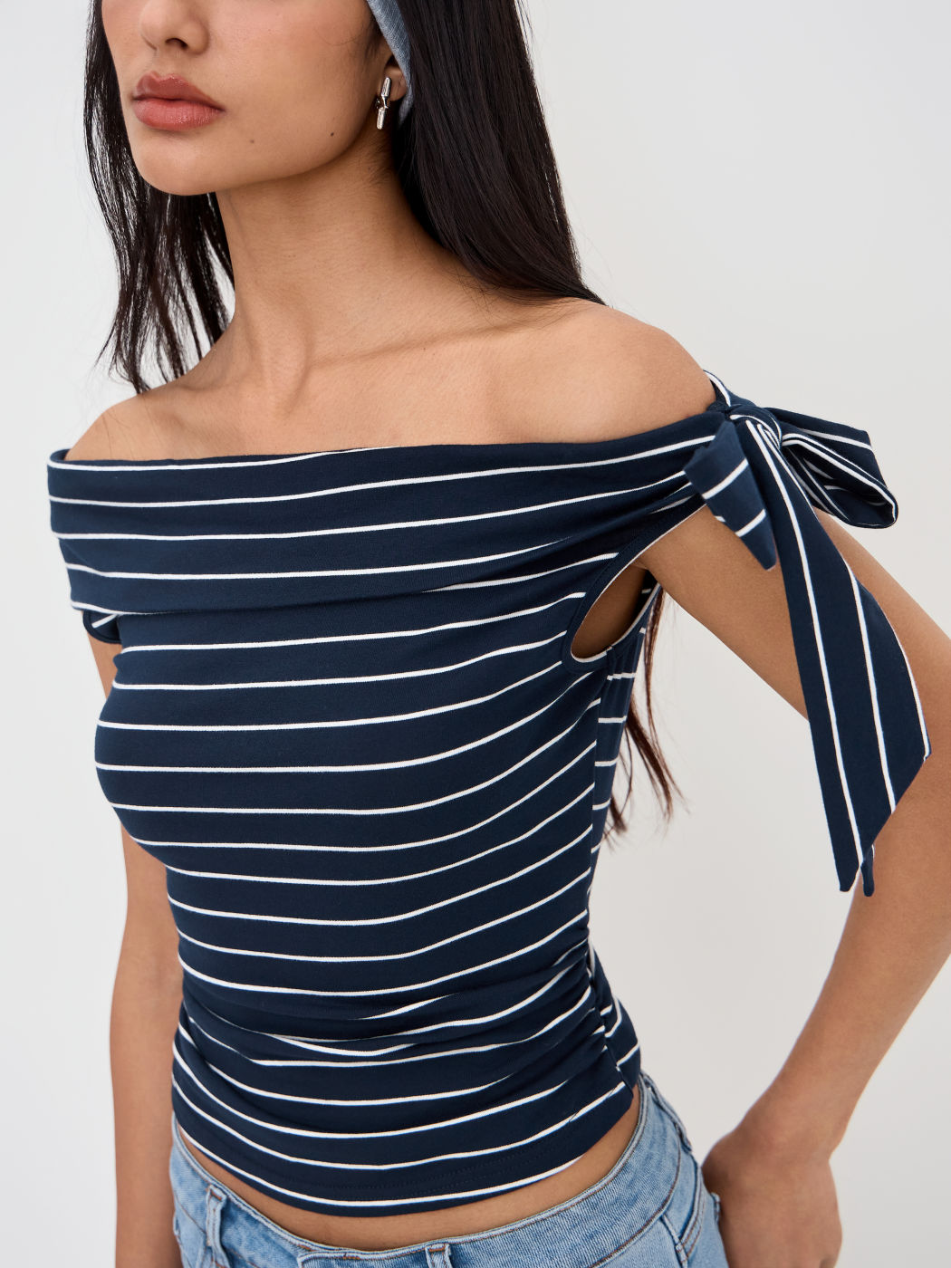 Cotton-blend Asymmetrical Neck Stripe Ruched Bowknot Tank Top