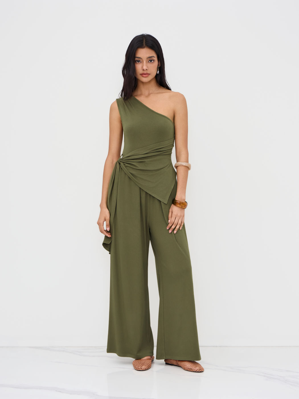 Asymmetrical Neck Ruched Knotted Wide Leg  Jumpsuit