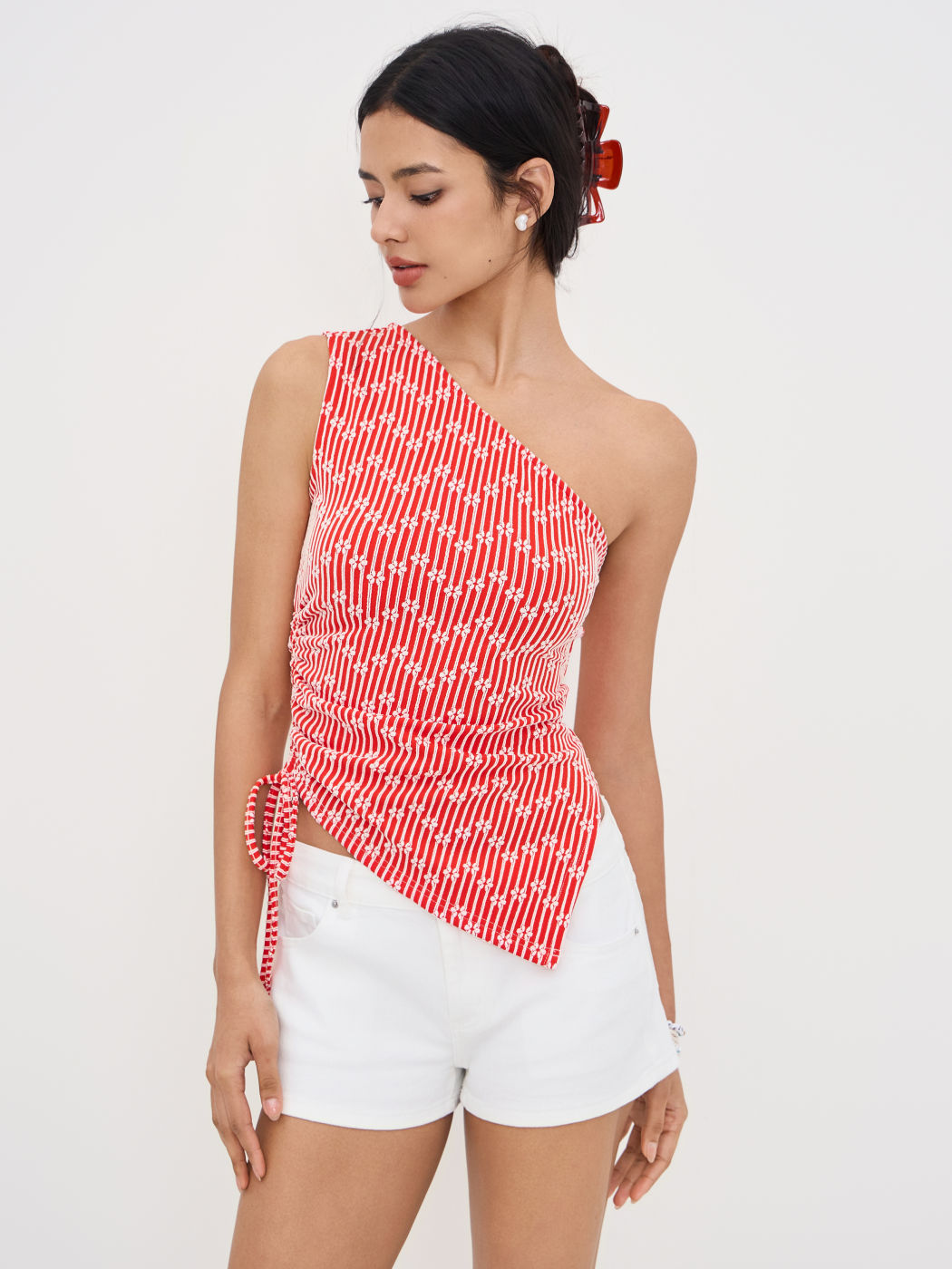 Jacquard Asymmetrical Neck Floral Stripe Drawstring Tank Top