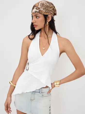 V-neck Halter Buckle Lettuce Trim Asymmetrical Hem Tank Top