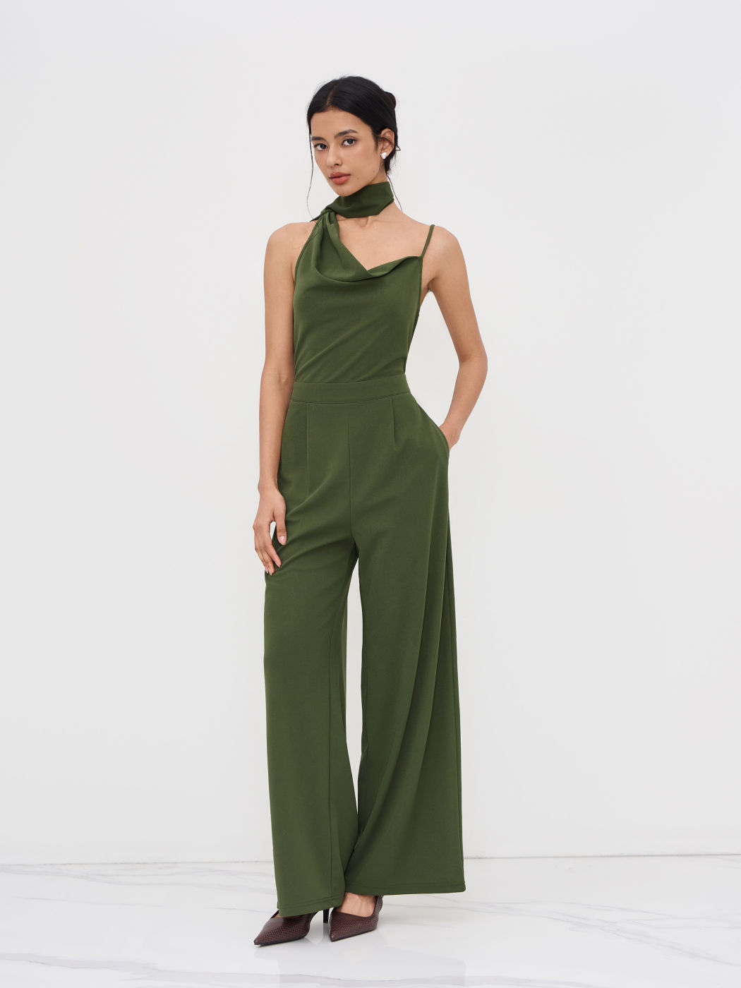 Asymmetrical Cowl Neck Wide Leg Jumpsuit With Scarf