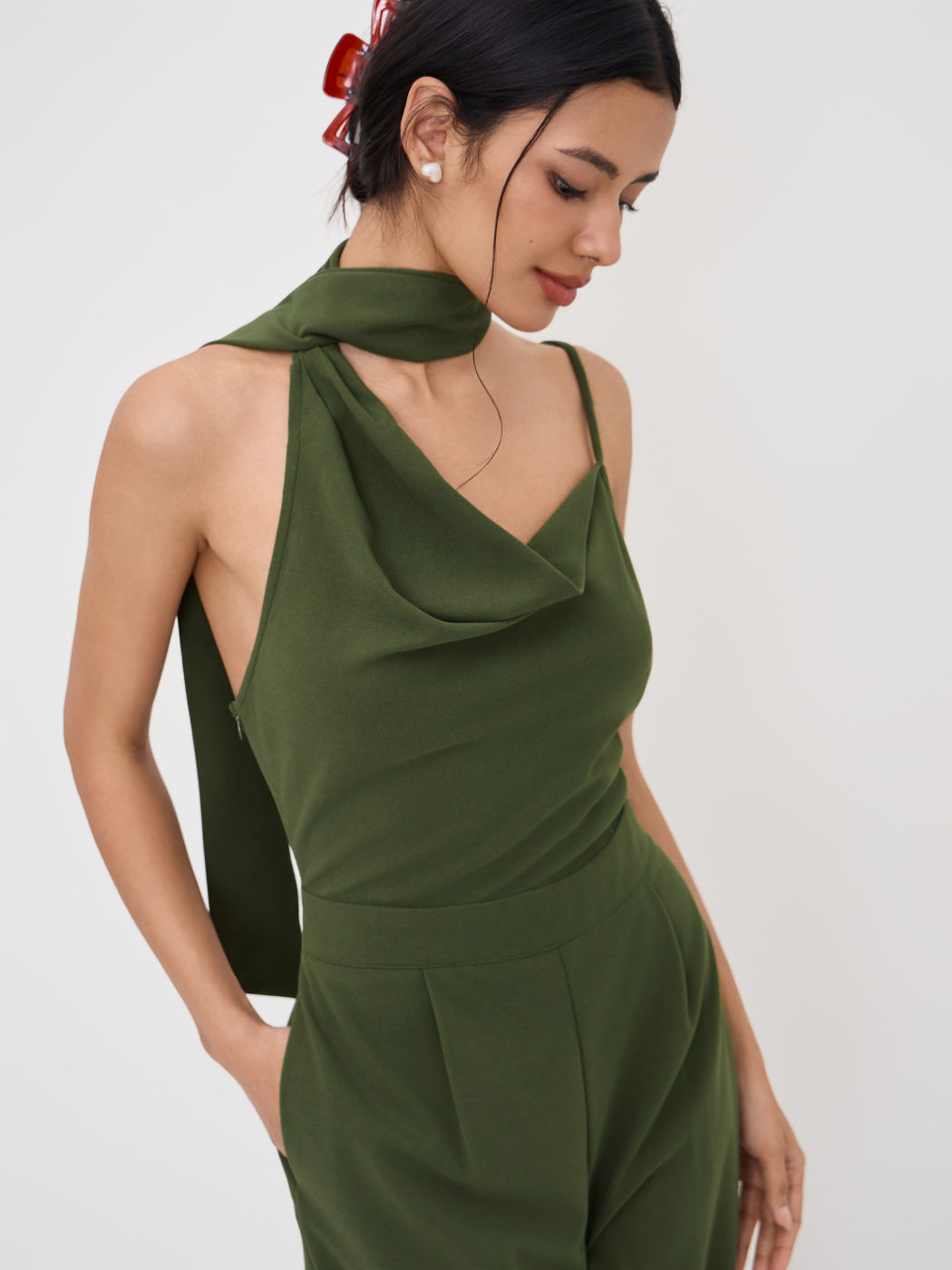 Asymmetrical Cowl Neck Wide Leg Jumpsuit With Scarf