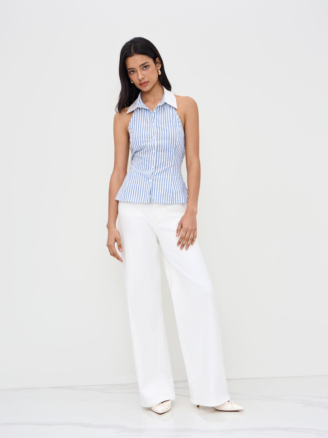 Cotton-blend Halter Neckline Stripe Backless Top