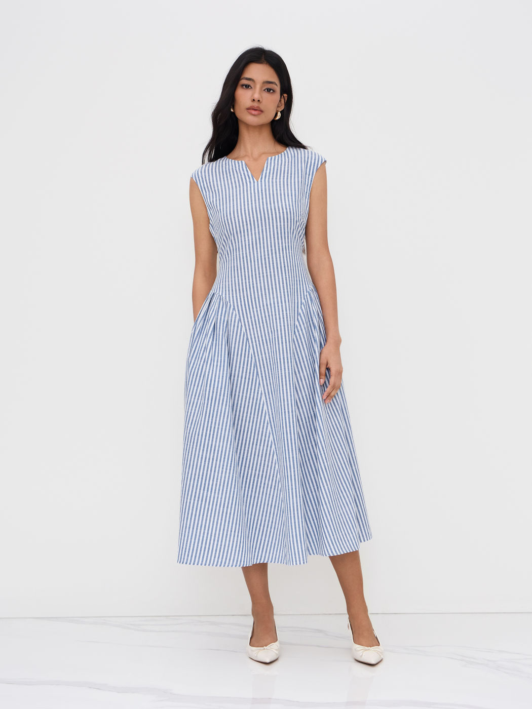 Cotton-blend Round Neckline Striped Ruffle Maxi Dress