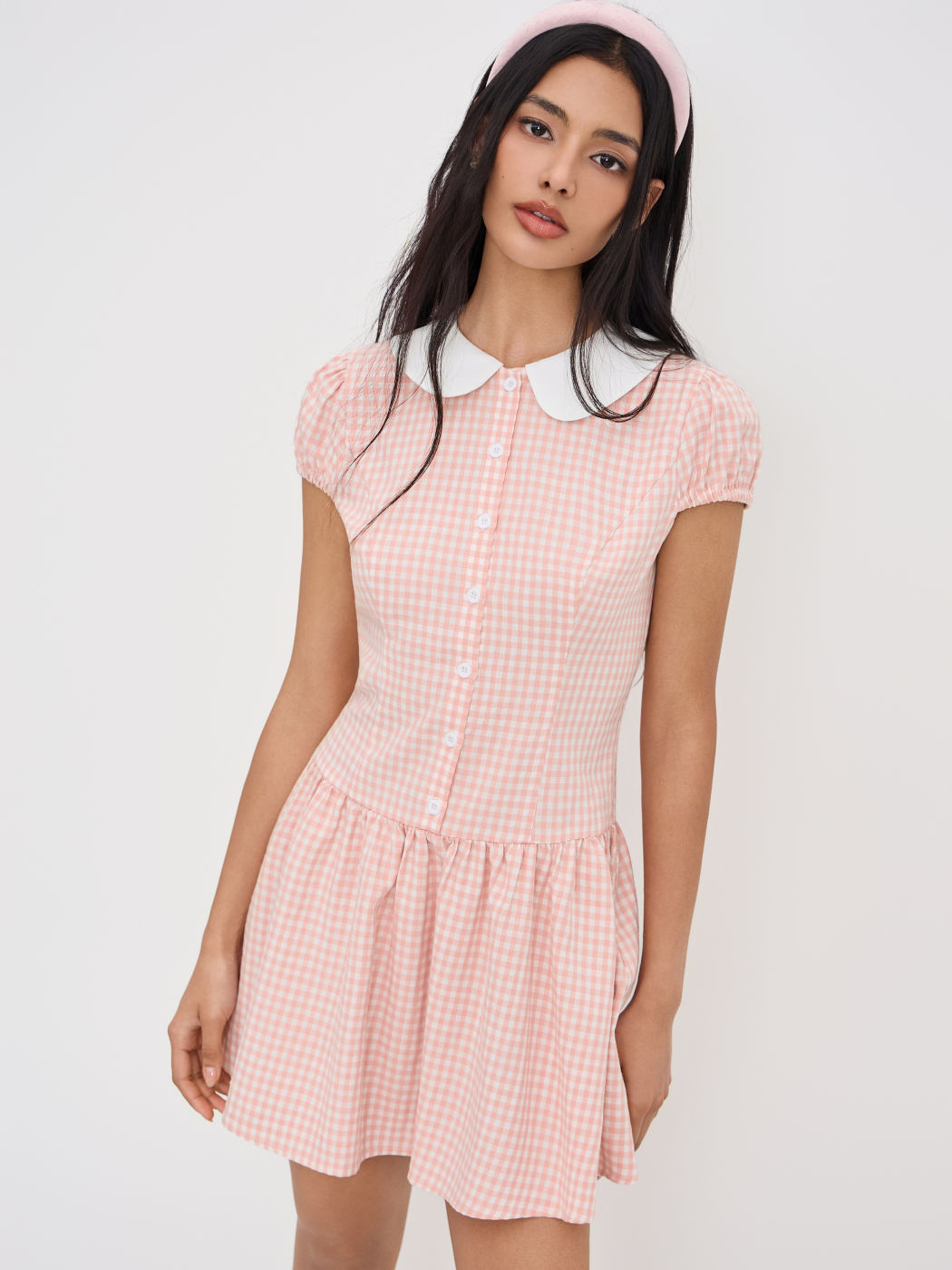 Peter Pan Collar Gingham Button Ruffle Mini Dress