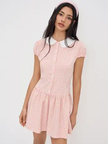 V-neck Polka Dot Lace Trim Bowknot Mini Dress