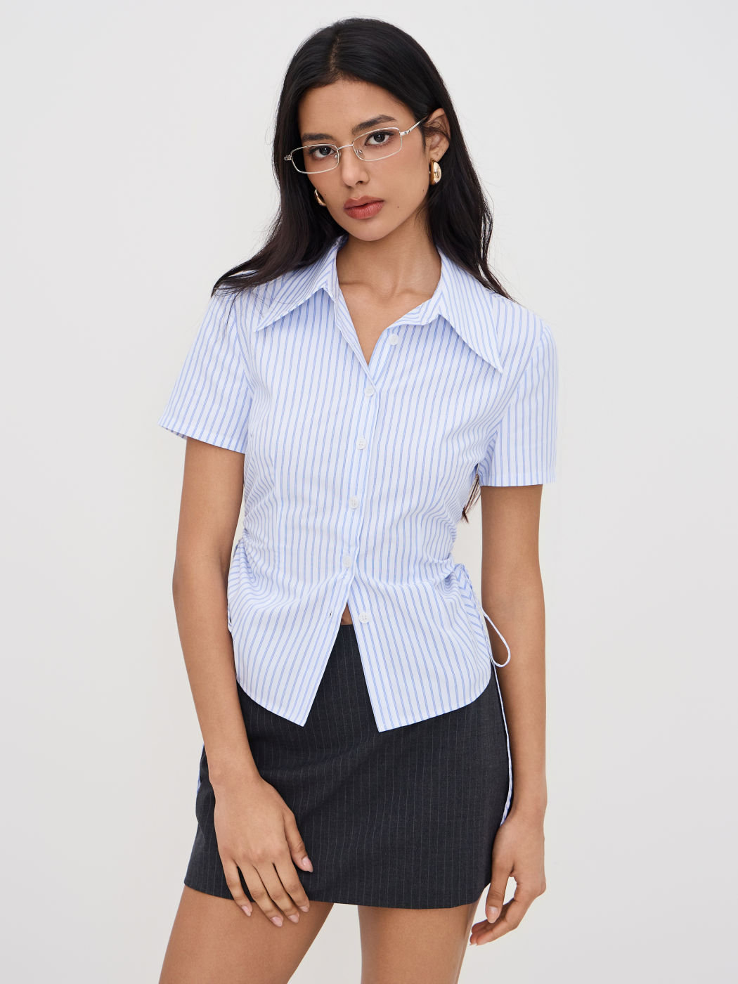 Cotton-blend Polo Collar Stripe Drawstring Knotted Shirt