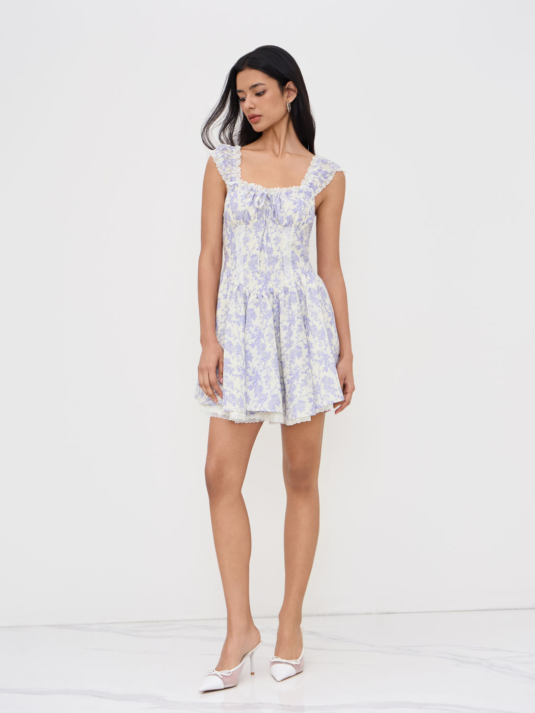 Sweetheart Floral Lace Trim Ruffle MIni Dress