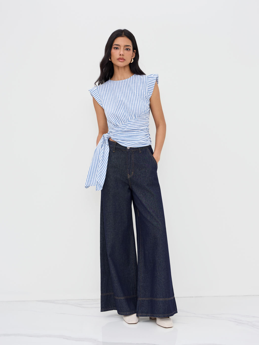 Cotton-blend Stripe Knotted Draped Top