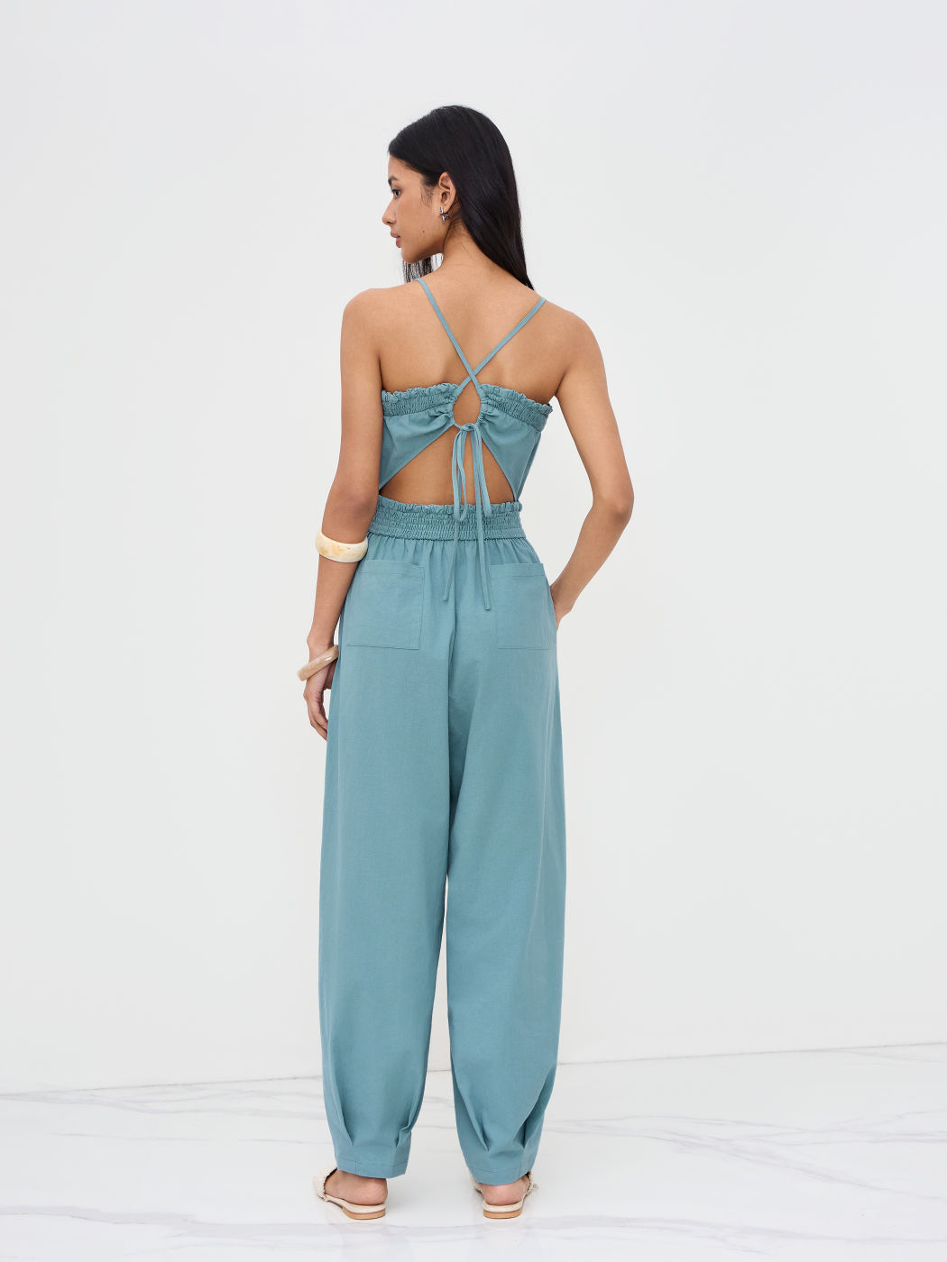 100% Baumwolle Shirred Criss Cross Knotted Jogger Overalls