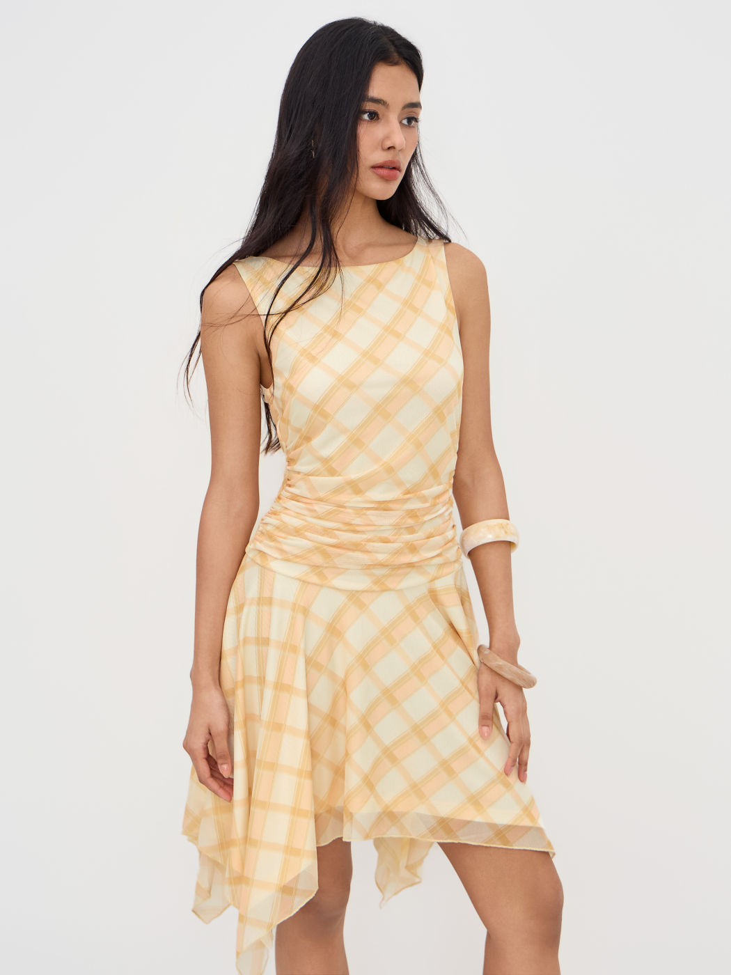 Mesh Boat Neck Ruched Check Asymmetrical Hem Midi Dress