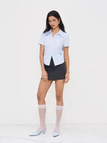 Cotton-blend Polo Collar Stripe Drawstring Knotted Shirt