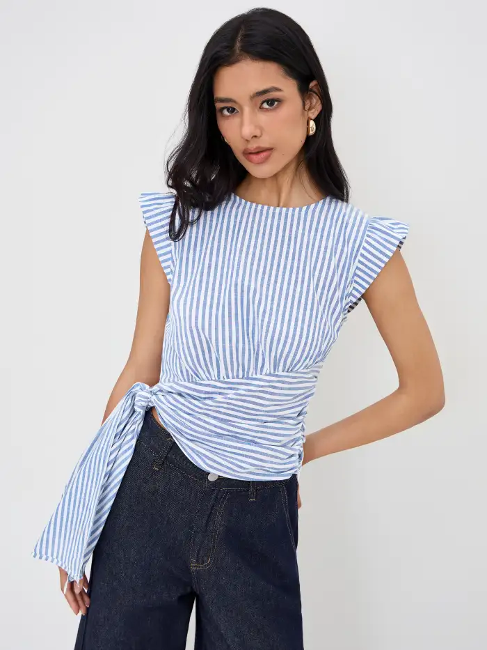 Knit Fabric 100% Cotton Round Neckline Ruched Asymmetrical Hem Tee For Daily Casual