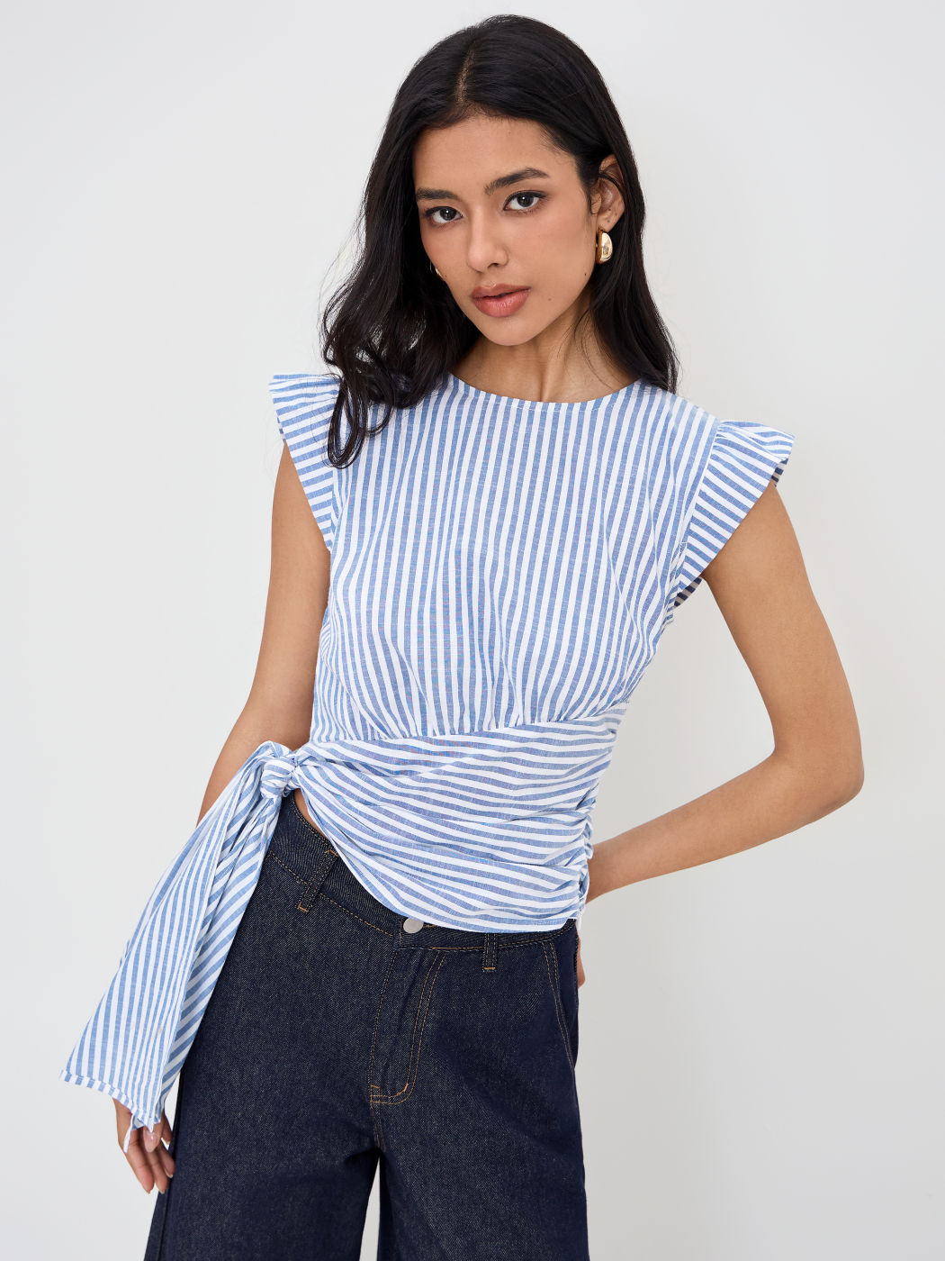 Cotton-blend Stripe Knotted Draped Top