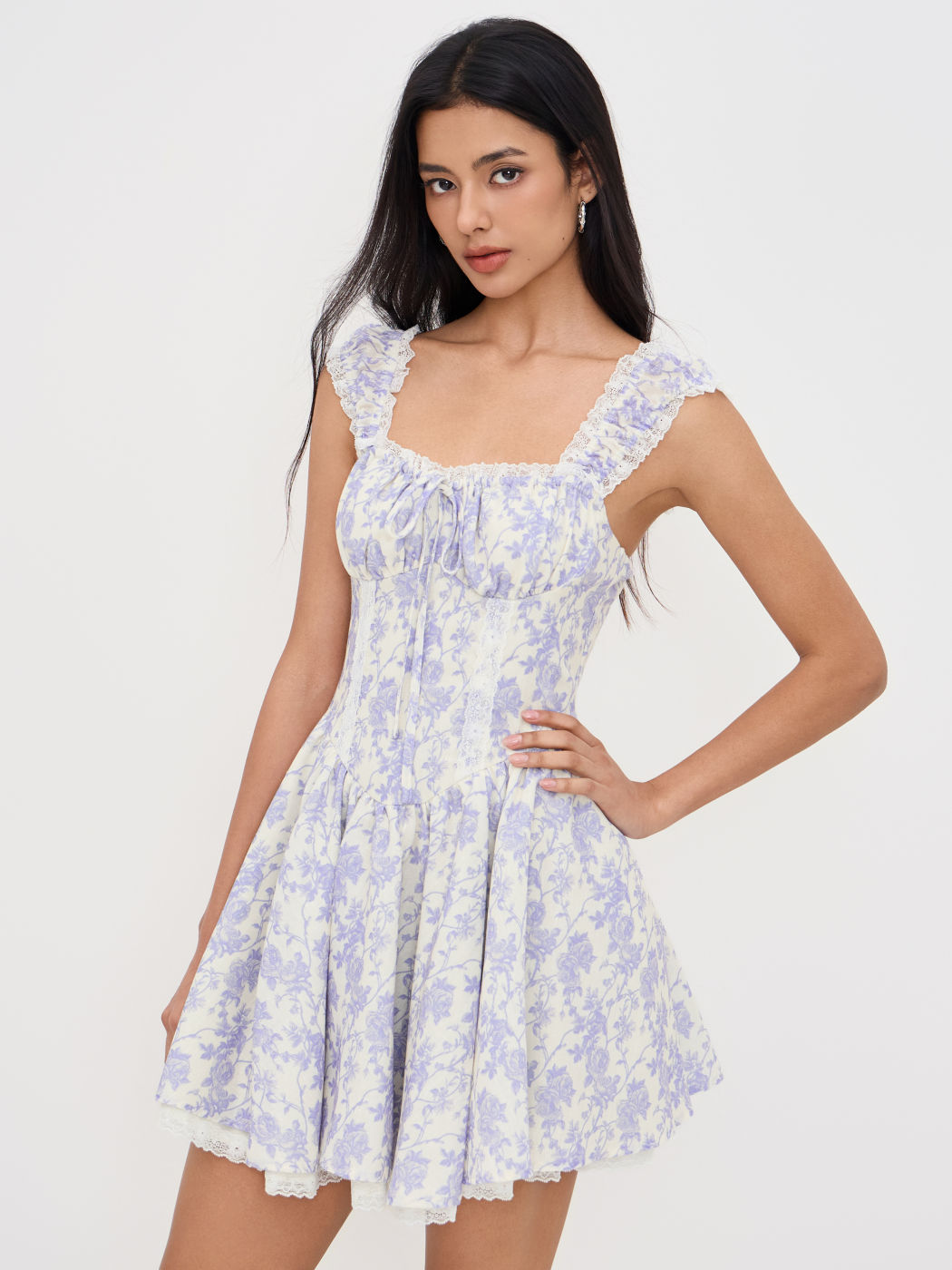 Sweetheart Floral Lace Trim Ruffle MIni Dress