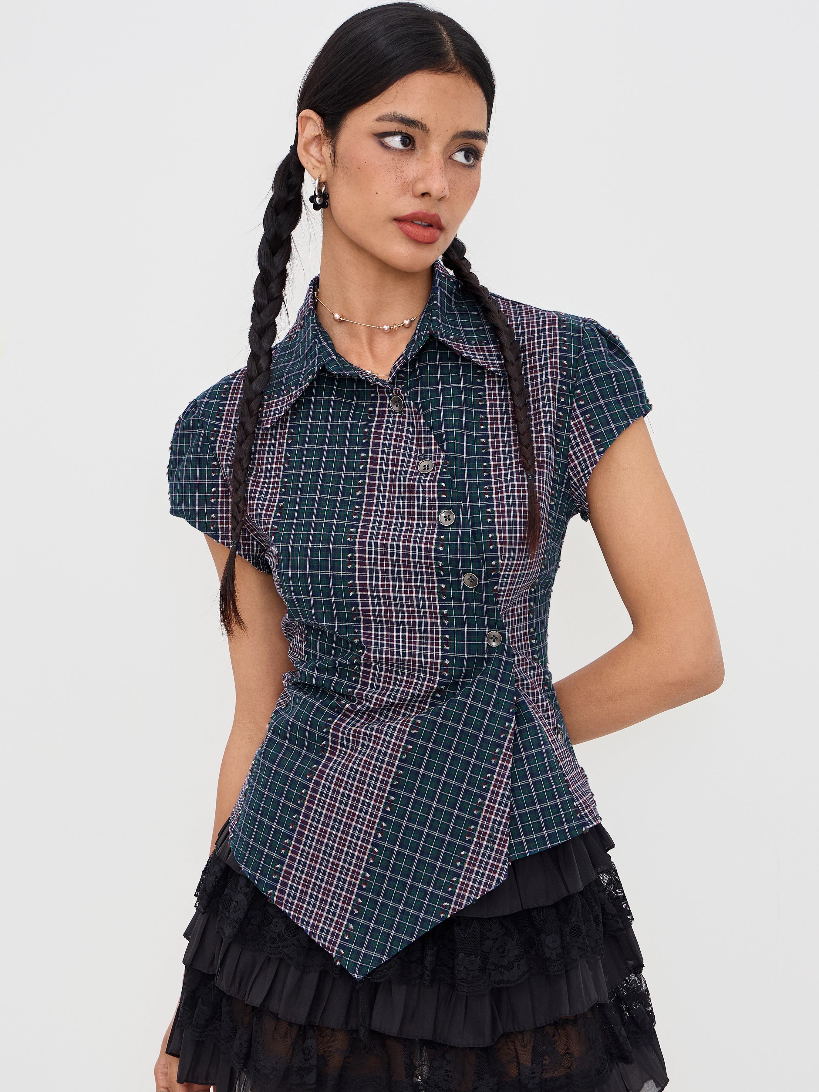 Woven 100% Cotton Asymmetrical Button Two Tone Patched Shirt