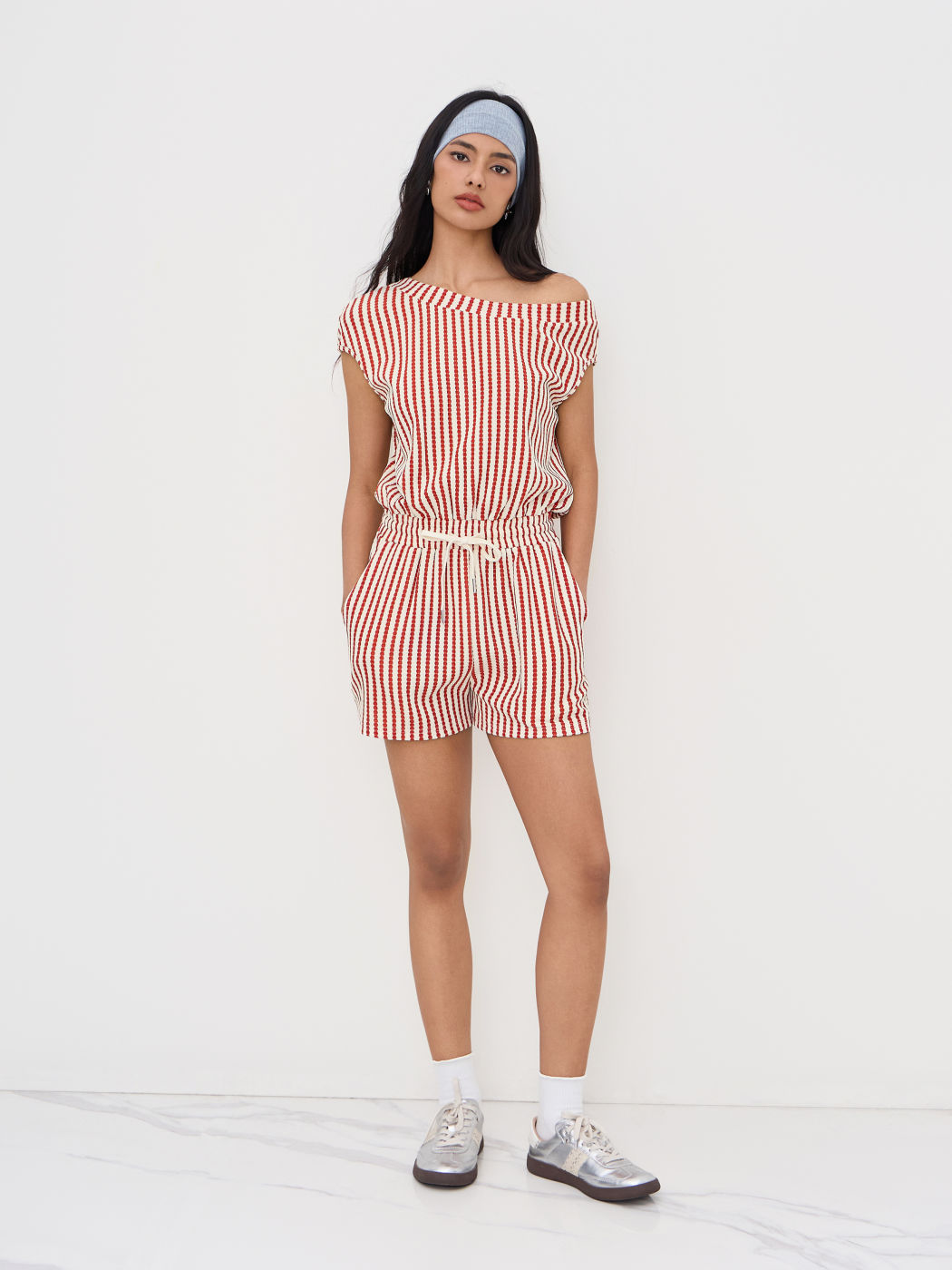 Asymmetrical Neck Stripe Drawstring Knotted Romper