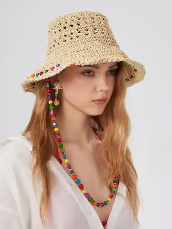 COLORFUL BEAD LACE-UP STRAW HAT