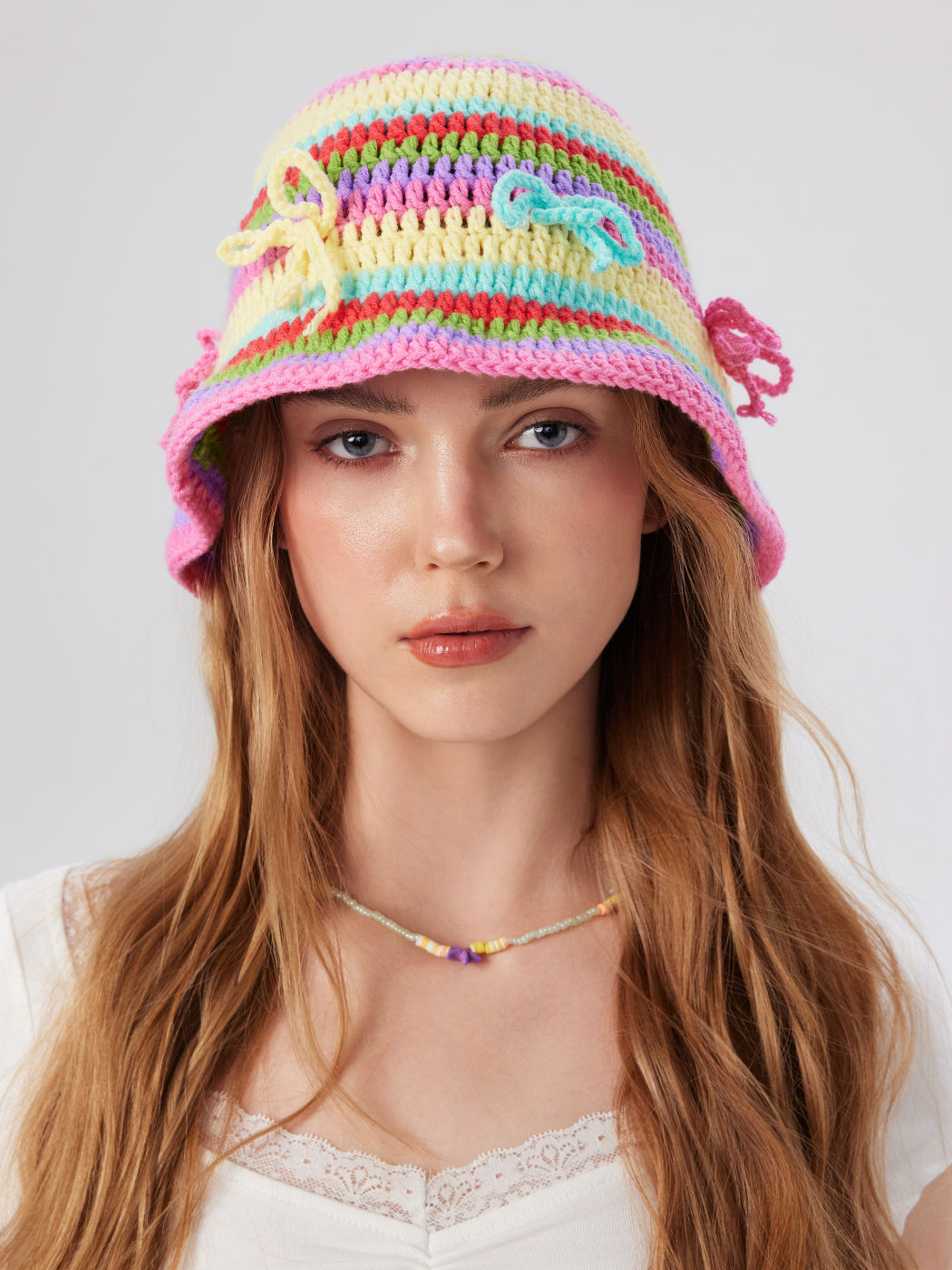BOWKNOT RAINBOW STRIPE KNITTED HAT