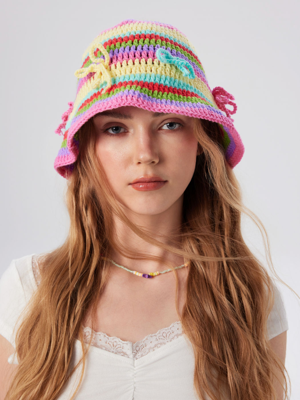 BOWKNOT RAINBOW STRIPE KNITTED HAT