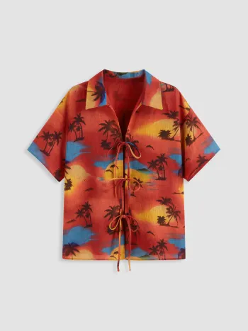 Chemise surtaille à fermeture en nœud, arbre à noix de coco au coucher du soleil
