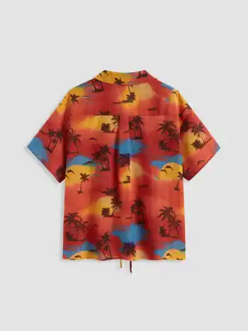 Chemise surtaille à fermeture en nœud, arbre à noix de coco au coucher du soleil