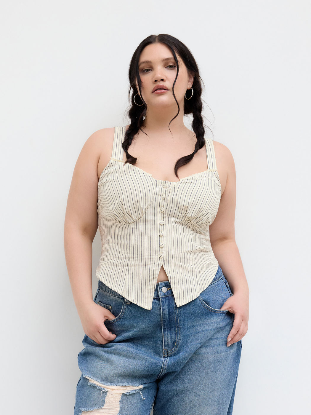 Cotton V-neck Stripe Split Shirred Cami Top Curve & Plus