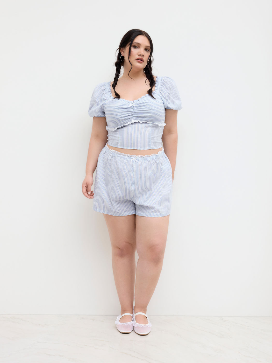 Cotton-blend  Sweetheart Stripe Bowknot Top & Mid Rise Broderie Anglaise Trim Shorts Set Curve & Plus
