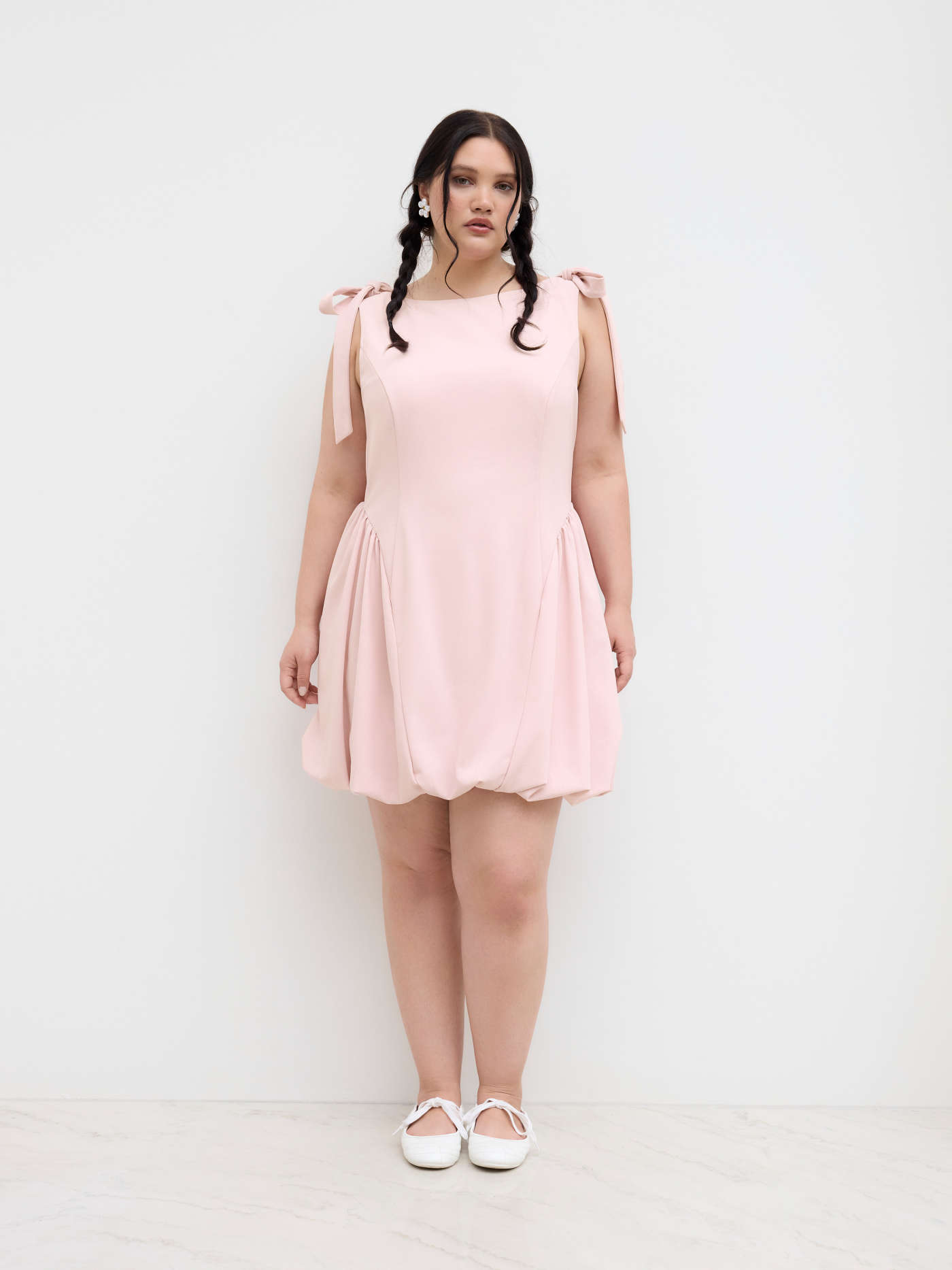 Boat Neck Bowknot Bubble Hem Mini Dress Curve & Plus