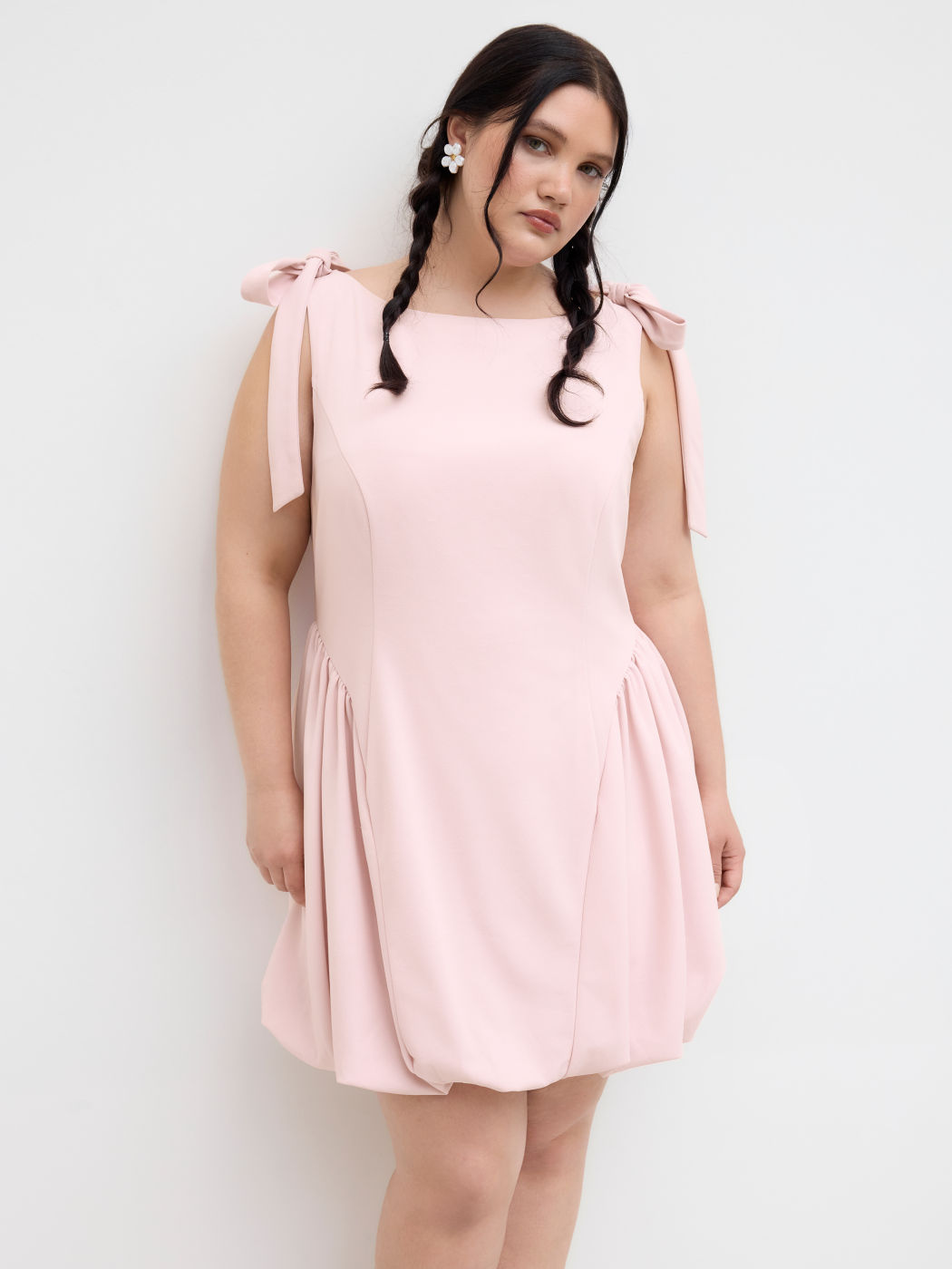 Boat Neck Bowknot Bubble Hem Mini Dress Curve & Plus