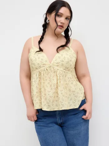 Cotton-blend V-neck Floral Lettuce Trim Ruffle Cami Top Curve & Plus