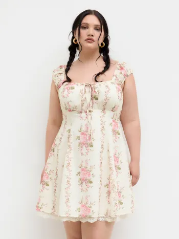 Square Neck Floral Knotted Mini Dress Curve & Plus