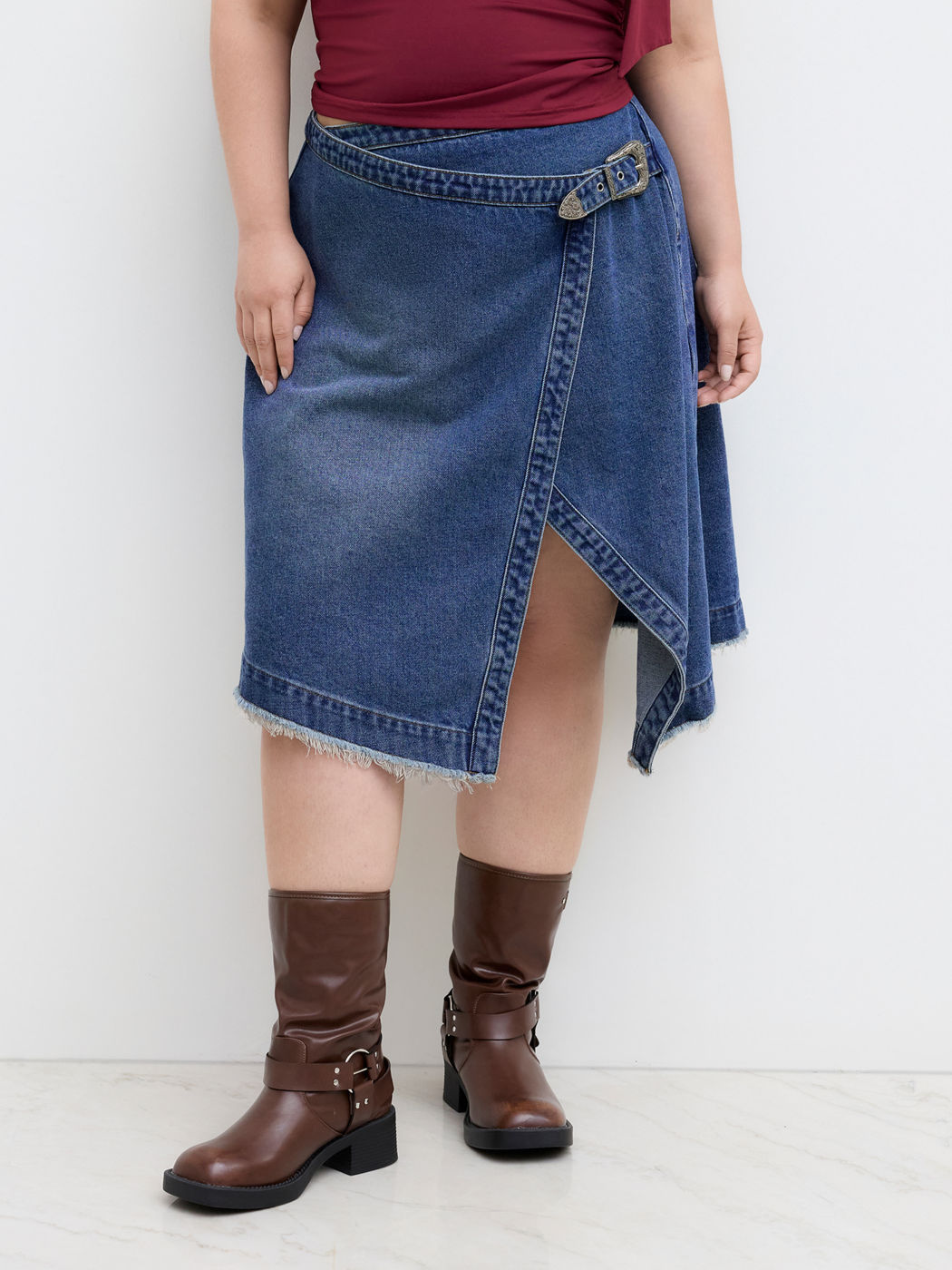Denim Mid Rise Raw Hem Asymmetrical Belted Midi Skirt Curve & Plus