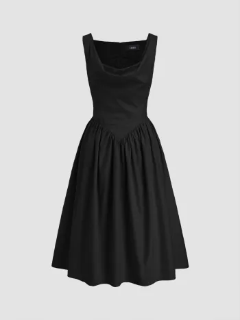 100% Cotton Cowl Neck Ruffle Zipper Midi Dress