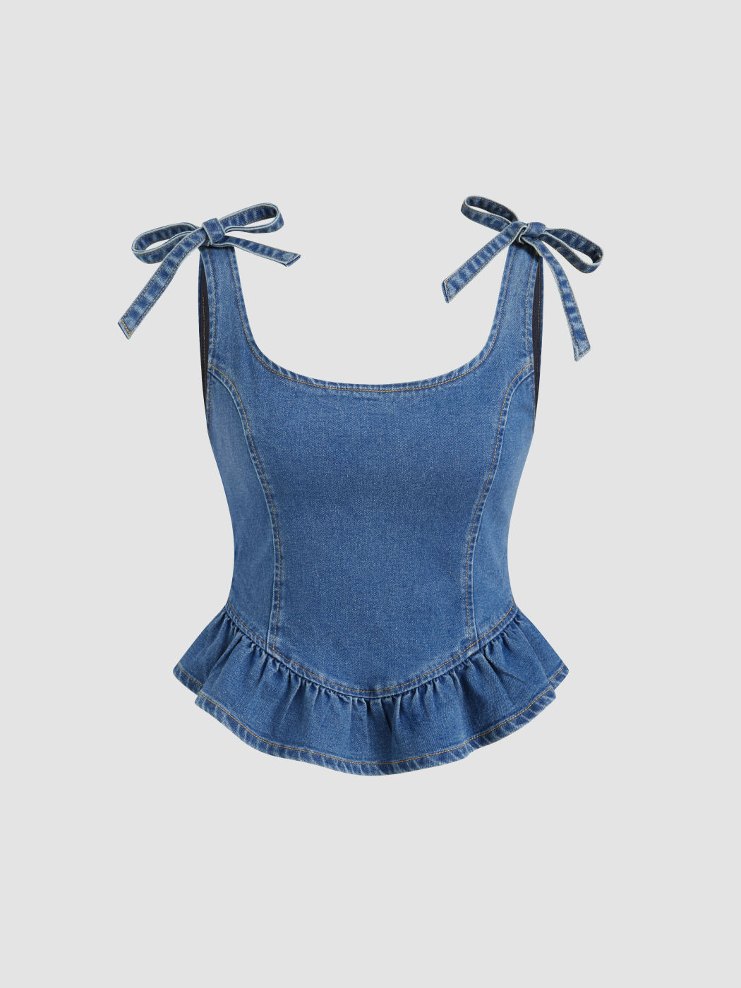 Stretch Denim Ruffle Hem Bowknot Cami Top
