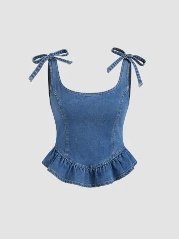 Stretch-Denim-Cami-Top mit Rüschensaum und Schleife