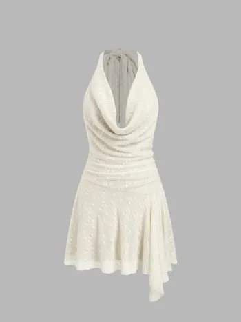 Kragen-Halter-Ausschnitt, mit Spitze und Knopfloch, Mini-Kleid