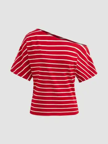 100% Baumwolle asymmetrischer Hals Streifen Oversize T-Shirt