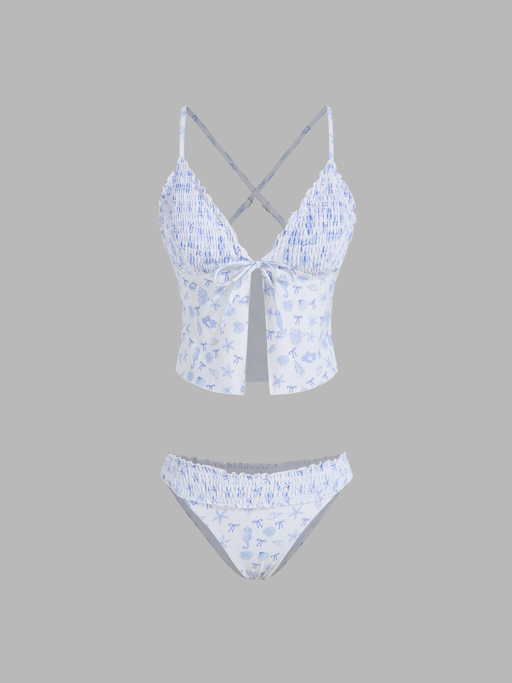V-neck Shell & Bowknot Shirred Tankini Cheeky Bikini Set